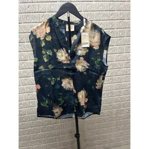Elie Womens Navy Floral Satin Sleeveless Split Neck Blouse Top EH321056 S/P NWT